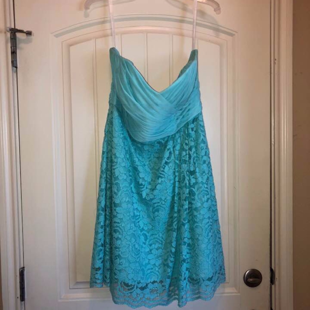 Strapless turquoise lace dress